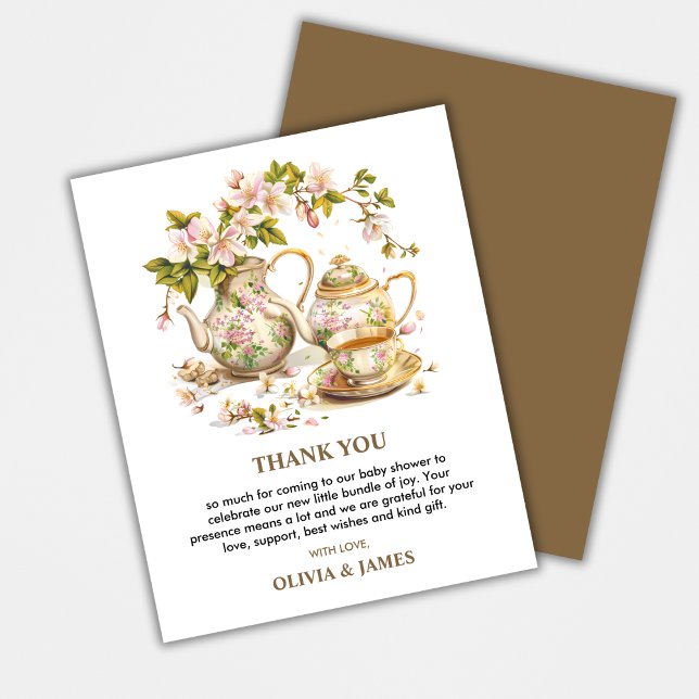 Temps floral pour le Carte de remerciements de Bab (Time for Tea Spring Baby Shower Thank You Card | A Baby is Brewing Spring Baby Shower Thank You Card)
