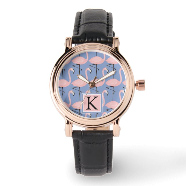 Tender Flamingo Muster | Monogramm Armbanduhr (Vorderseite)