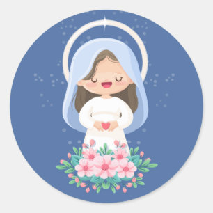 Tender Kawaii Jungfrau Mary with Heart - Dark Blue Runder Aufkleber