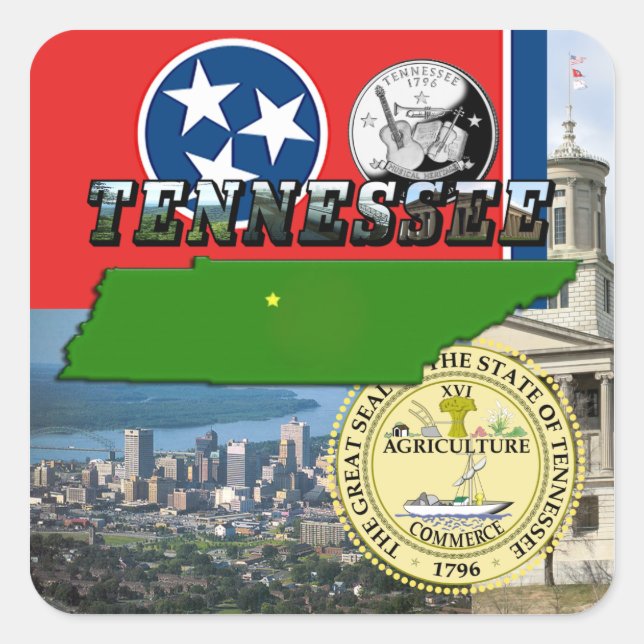 Tennessee Karte, Flagge, Staat Siegel und Bilder Quadratischer Aufkleber (Vorderseite)