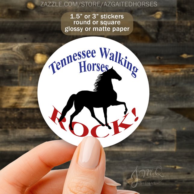 Tennessee Walking Horses Rock! - Gekommenes Pferd Runder Aufkleber (Round white sticker featuring a black Tennessee Walking Horse silhouette with blue and red text. )