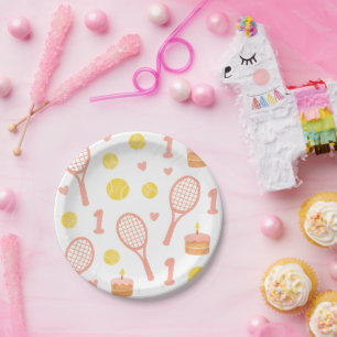 Tennis 1. Geburtstag eines kleinen Mädchen pinkfar Pappteller