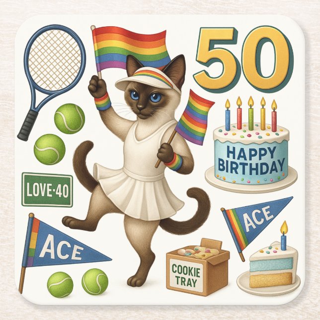 Tennis 50. Geburtstag für Cat Lovers Rechteckiger Pappuntersetzer (Vorderseite)