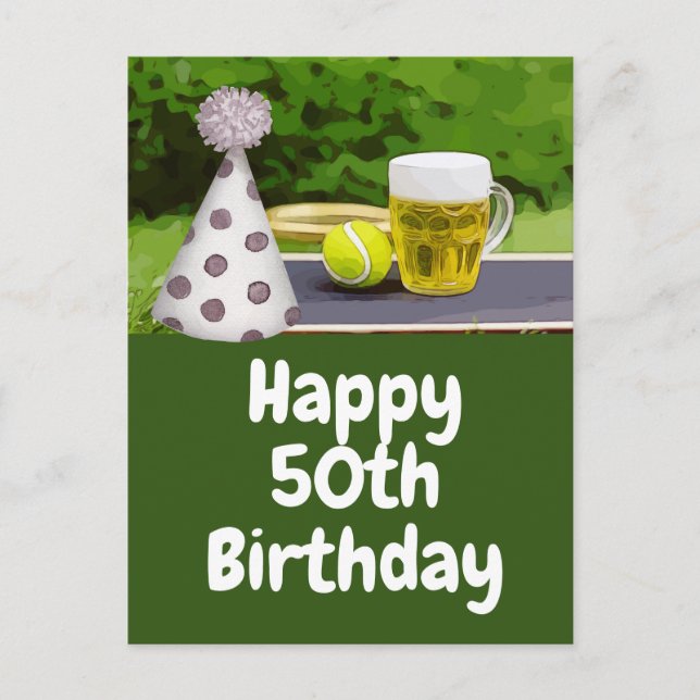 Tennis 50. Geburtstag mit Ball und Bier Postkarte (Vorderseite)