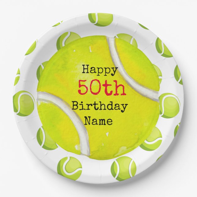 Tennis 50. Geburtstag mit Tennisball und Nummer Pappteller (Vorderseite)