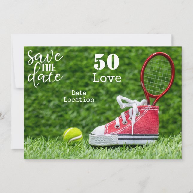 Tennis 50. Geburtstag Save the Date Einladung (Vorderseite)