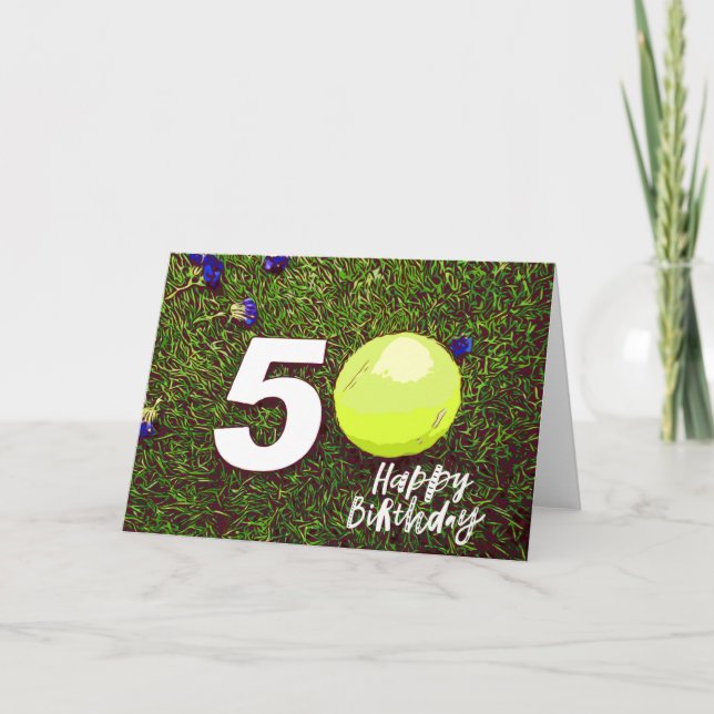 Tennis 50e Anniversaire carte avec balle sur vert (Devant)