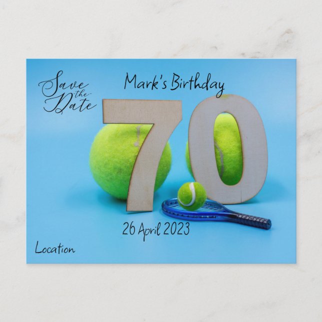 Tennis 70. Geburtstag Save the Date Postkarte (Vorderseite)