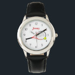 Tennis Armbanduhr<br><div class="desc">Diese Uhr zeigt eine Vektorgrafik eines Tennisschlägers mit einer Tenniskugel,  auf einem individuell anpassbaren weißen Hintergrund,  mit anpassbarem Text.</div>
