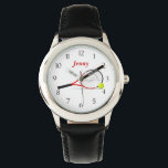 Tennis Armbanduhr<br><div class="desc">Diese Uhr zeigt eine Vektorgrafik eines Tennisschlägers mit einer Tenniskugel, auf einem individuell anpassbaren weißen Hintergrund, mit anpassbarem Text.</div>