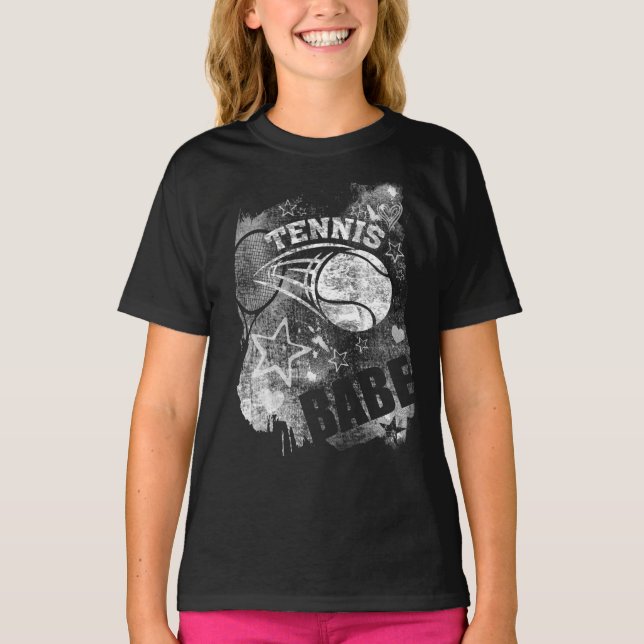 Tennis Babe, Black Grunge Tennis T-Shirt (Vorderseite)