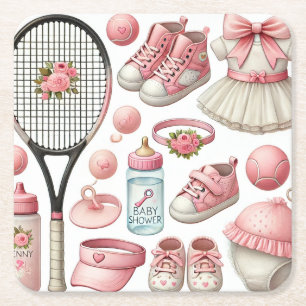 Tennis Baby-Dusche zum Thema Girl Pink Rechteckiger Pappuntersetzer