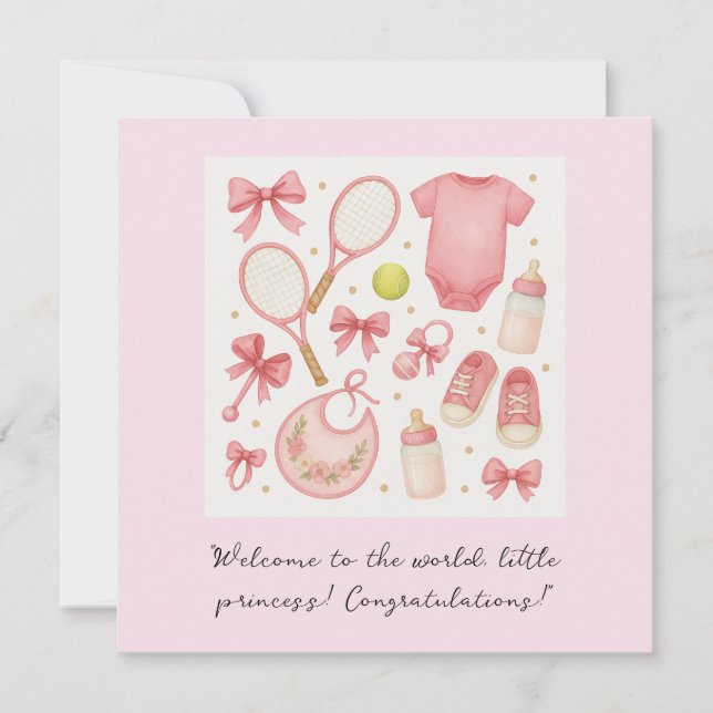 Tennis Baby Girl in Pink Thema GRATULATIONEN Karte (Vorderseite)