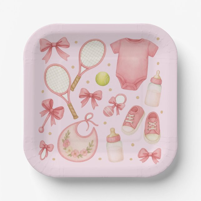 Tennis Baby Girl in rosa Thema mit Schläger Pappteller (Vorderseite)