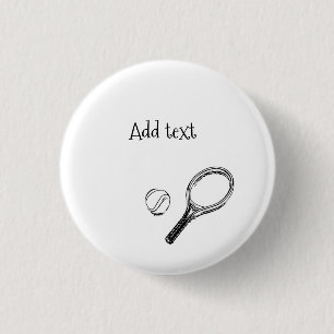 Tennis ball and racket black and white button