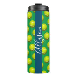 Tennis Ball Muster, Weißer Name Ozean Blau & Grün Thermosbecher