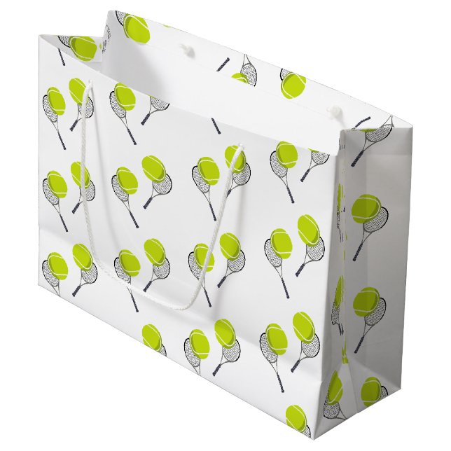 Tennis Ball & Racket Racquet Muster Große Geschenktüte (Vorderseite Schrägansicht)