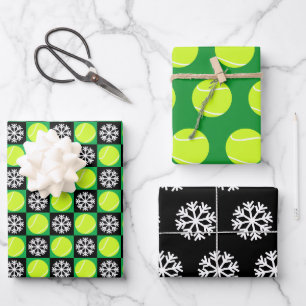 Tennis Ball und Snowflake Schwarz & Grün Weihnacht Geschenkpapier Set