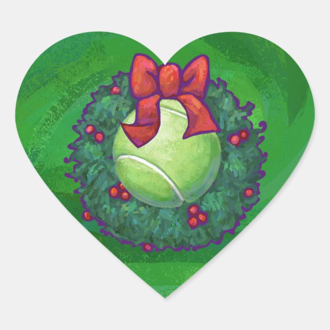 Tennis Ball Weihnachtskranz auf Grün Herz-Aufkleber (Vorderseite)