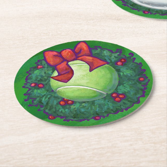 Tennis Ball Weihnachtskranz auf Grün Runder Pappuntersetzer (Angewinkelt)