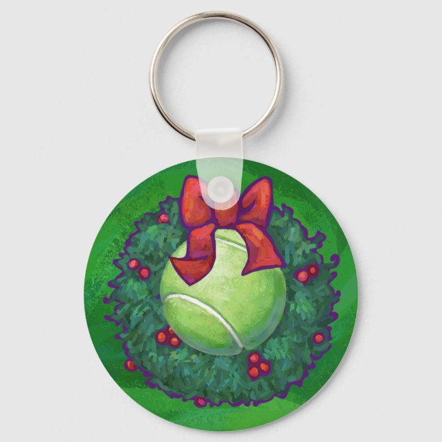 Tennis Ball Weihnachtskranz auf Grün Schlüsselanhänger (Vorderseite)