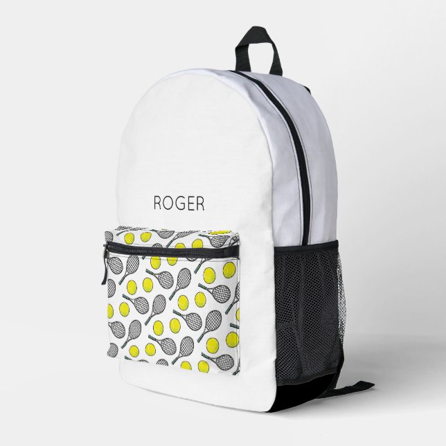 Tennis Balls Racquets Muster NAME Sport Spaß Bedruckter Rucksack (Rückseitige Ecke Rechts)