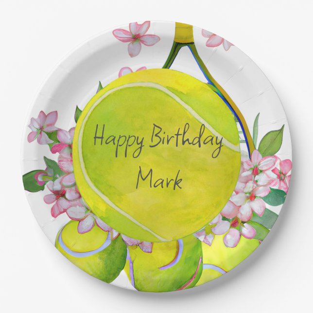Tennis Birthday Player Party Wasserfarbe Pappteller (Vorderseite)