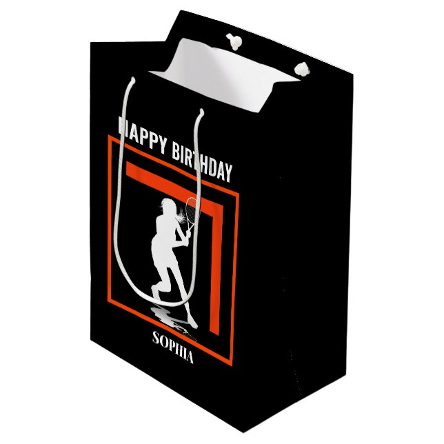Tennis Birthday, Tennis Girl Player  Mittlere Geschenktüte (Vorderseite Schrägansicht)