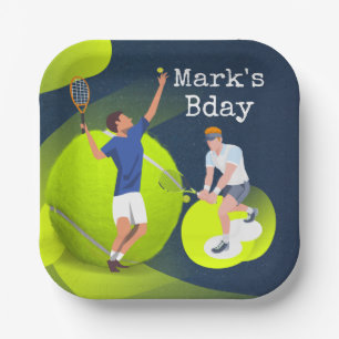Tennis Birthday Tennisspieler mit Schlägerblau Pappteller