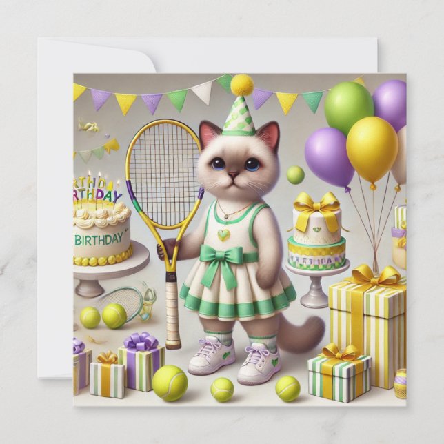 Tennis Cat Player Geburtstagsfeier Einladung (Vorderseite)