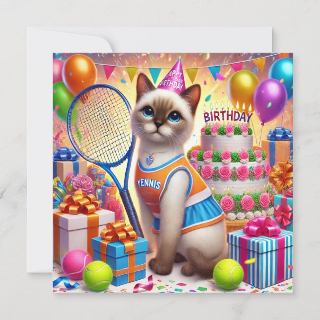 Tennis Cat Player Geburtstagsfeier Einladung (Vorderseite)