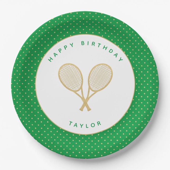 Tennis Chic Sports Themed Green and Gold Pappteller (Vorderseite)