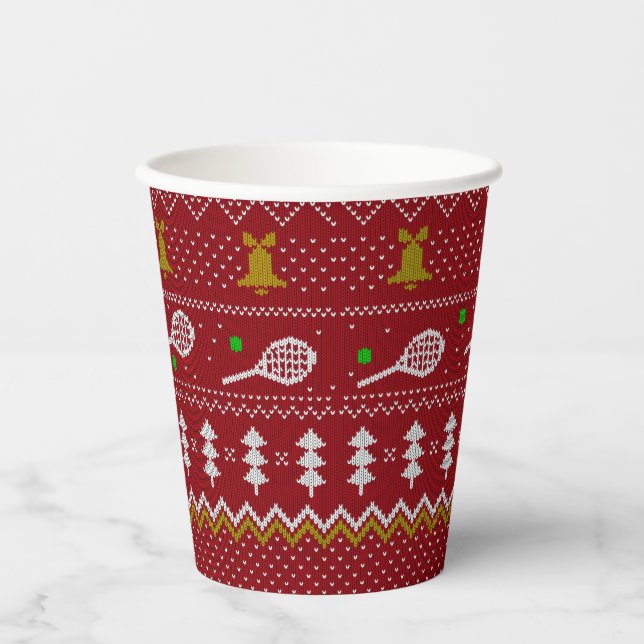 Tennis Christmas Sweater Gezwirntes Muster Red Xma Pappbecher (Vorderseite)