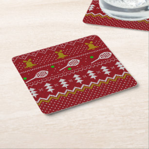 Tennis Christmas Sweater Gezwirntes Muster Red Xma Rechteckiger Pappuntersetzer