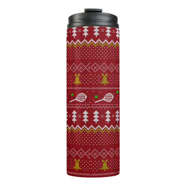 Tennis Christmas Sweater Gezwirntes Muster Red Xma Thermosbecher (Vorderseite)