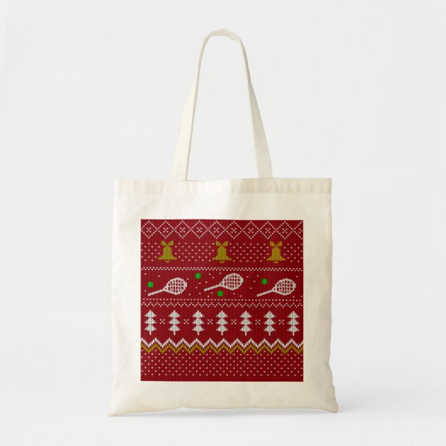 Tennis Christmas Sweater Gezwirntes Muster Red Xma Tragetasche (Vorne)