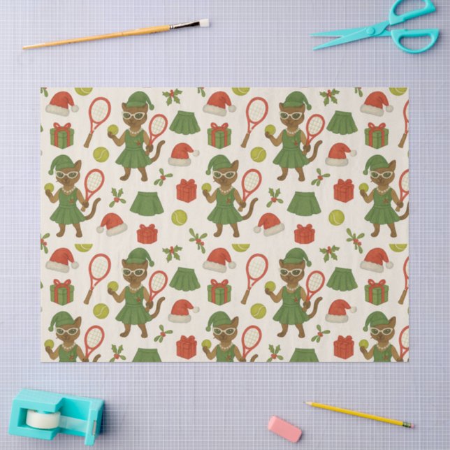 Tennis Christmas themed fir Siamese cat Lovers Seidenpapier (Basteln)