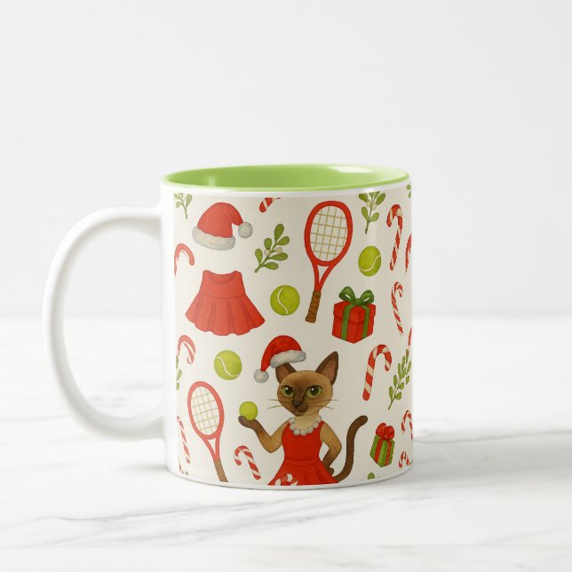 Tennis Christmas themed fir Siamese cat Lovers Zweifarbige Tasse (Links)
