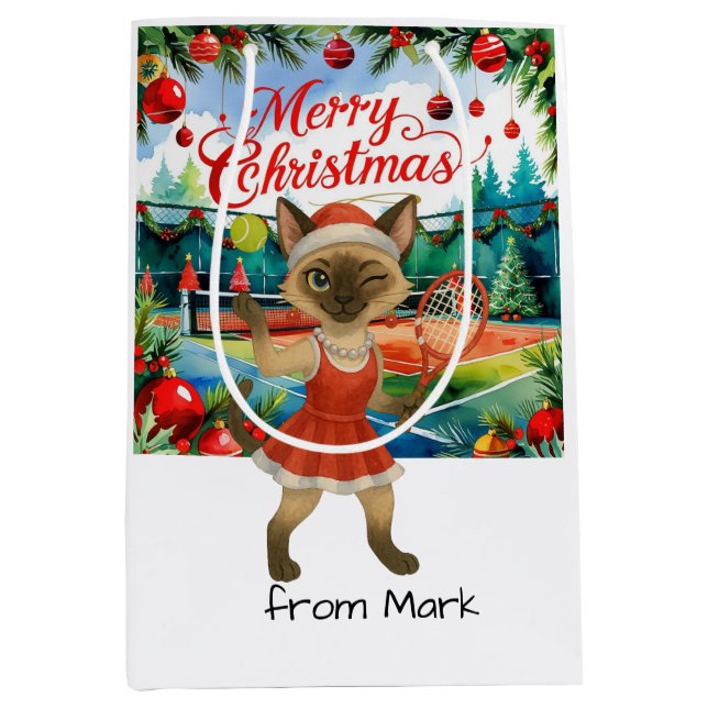 Tennis Christmas Themed for Siamese Cat Lovers Mittlere Geschenktüte (Vorderseite)