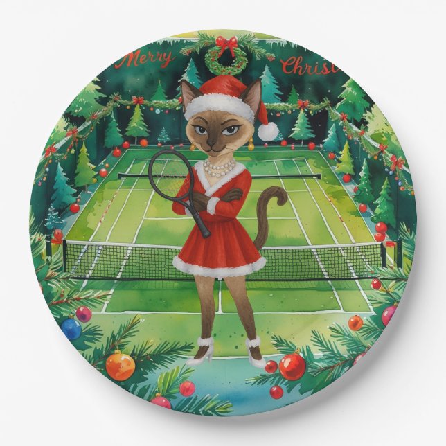 Tennis Christmas themed for Siamese Cat Lovers  Pappteller (Vorderseite)