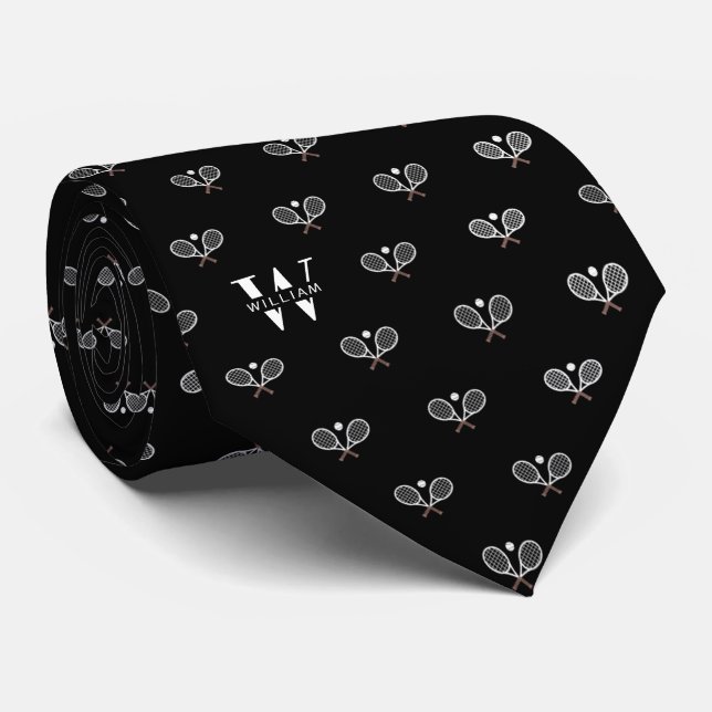 Tennis Clubs Monogram Name Black Neck Tie Krawatte (Gerollt)