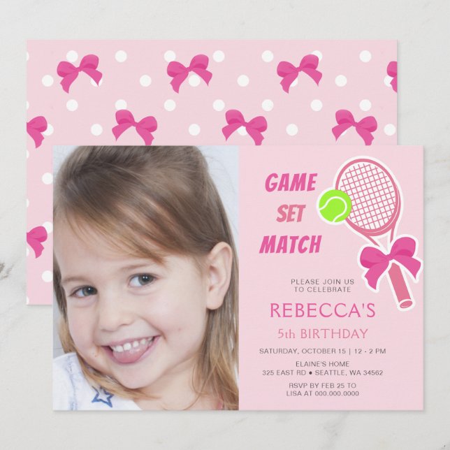Tennis Coquette Pink Bow Foto Girl del Malcantone Einladung (Vorne/Hinten)
