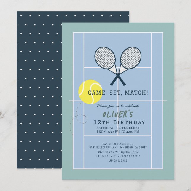 Tennis Court Racquet Blue Boy Birthday Einladung (Vorne/Hinten)