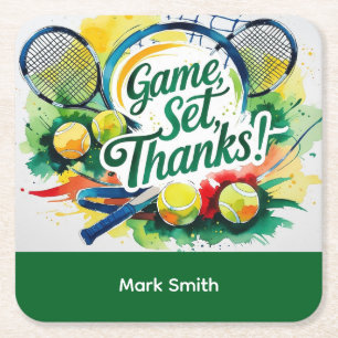 Tennis Danke Party mit Schläger und Ball Rechteckiger Pappuntersetzer