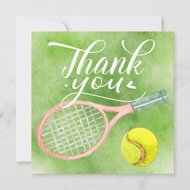 Tennis Dankeschön Kartenschläger und Ballfarbe Dankeskarte (Vorderseite)