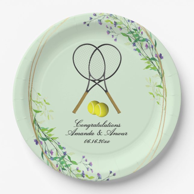 Tennis Doubles Wedding 3 Text Lines Green Pappteller (Vorderseite)