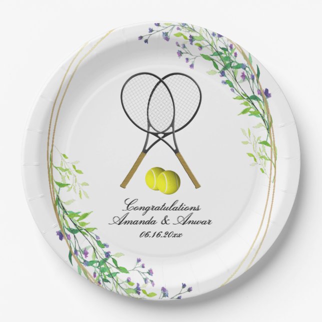 Tennis Doubles Wedding 3 Textlines Pappteller (Vorderseite)