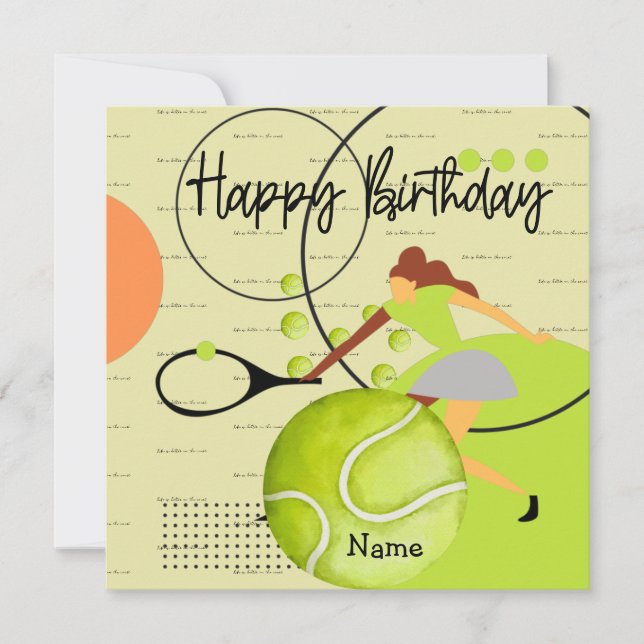 Tennis-Frau spielt Happy Birthday auf Gelb (Vorderseite)