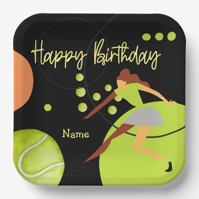 Tennis-Frau spielt Happy Birthday auf Gelb Pappteller (Vorderseite)
