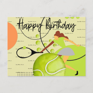 Tennis-Frau spielt Happy Birthday auf Gelb Postkarte